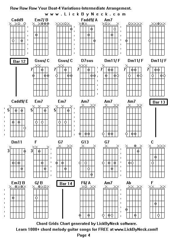 Chord Grids Chart of chord melody fingerstyle guitar song-Row Row Row Your Boat-4 Variations-Intermediate Arrangement,generated by LickByNeck software.